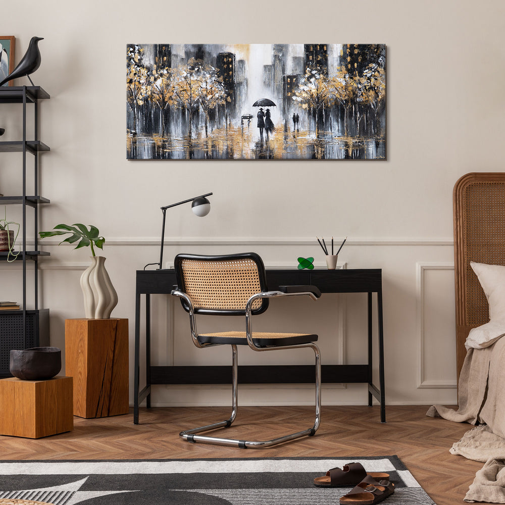 Wohnzimmer Wanddeko Leinwandbild mit Baumreihe & Goldakzenten