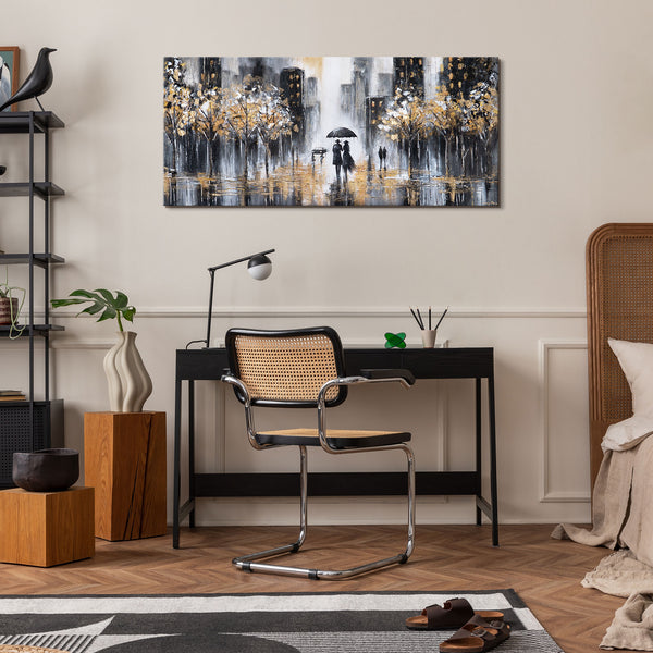 Wohnzimmer Wanddeko Leinwandbild mit Baumreihe & Goldakzenten