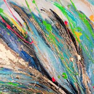 Moderne Acrylmalerei mit Feder – Wanddeko handgemalt "Leuchtendes Gefieder" 115x50cm