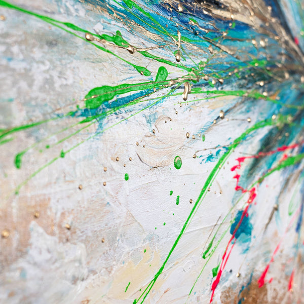 Moderne Acrylmalerei mit Feder – Wanddeko handgemalt "Leuchtendes Gefieder" 115x50cm