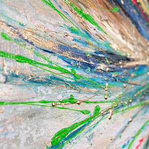 Moderne Acrylmalerei mit Feder – Wanddeko handgemalt "Leuchtendes Gefieder" 115x50cm