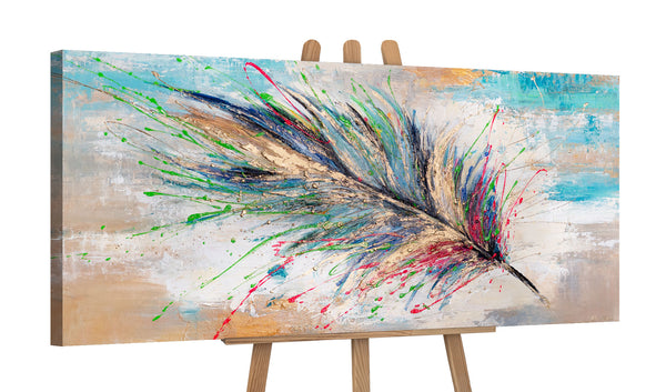 Moderne Acrylmalerei mit Feder – Wanddeko handgemalt "Leuchtendes Gefieder" 115x50cm