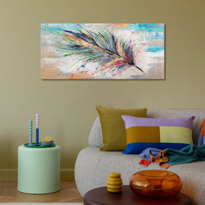 Moderne Acrylmalerei mit Feder – Wanddeko handgemalt "Leuchtendes Gefieder" 115x50cm