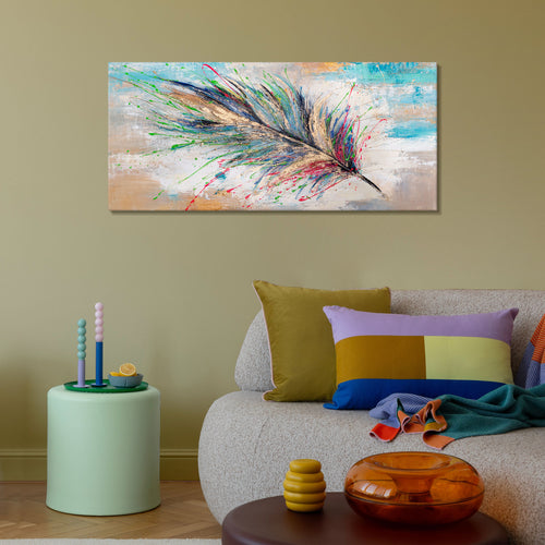 Moderne Acrylmalerei mit Feder – Wanddeko handgemalt "Leuchtendes Gefieder" 115x50cm
