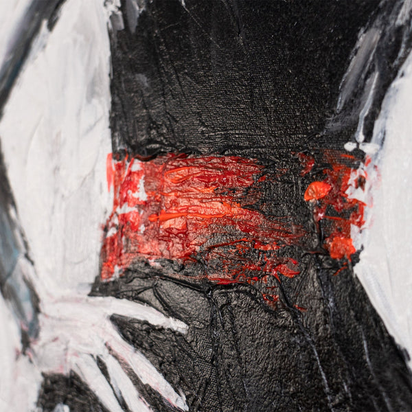 Close‑up Acrylgemälde mit rotem Gürtel auf Leinwand