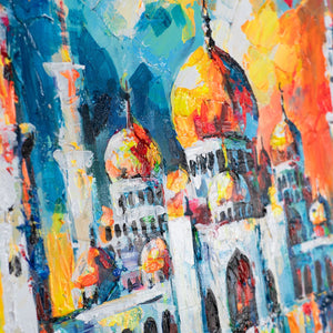Acrylbild Architektur abstrakt mit Minaretten und Farbkontrasten
