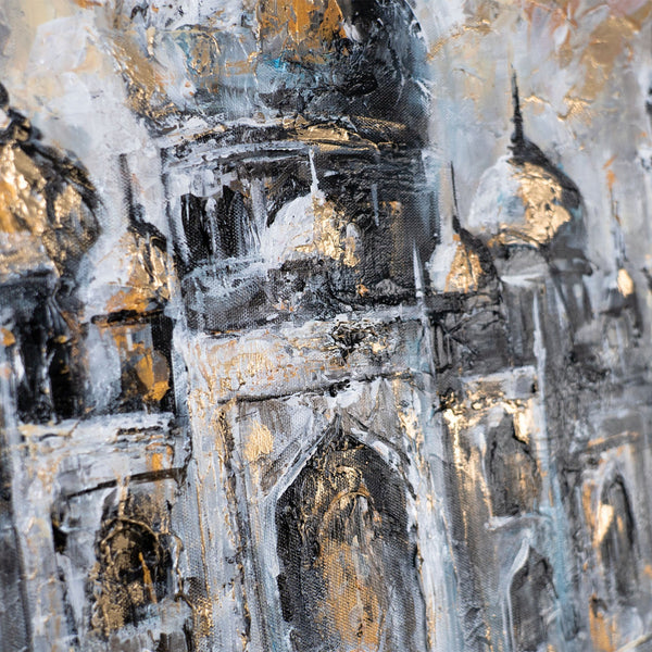 Detail Acrylbild mit schimmernden Goldakzenten auf Leinwand