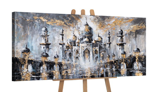 Leinwandbild auf Staffelei mit abstrakter Goldarchitektur
