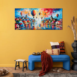 Wanddeko Wohnzimmer: Leinwandbild mit bunten Häusern & Ballons