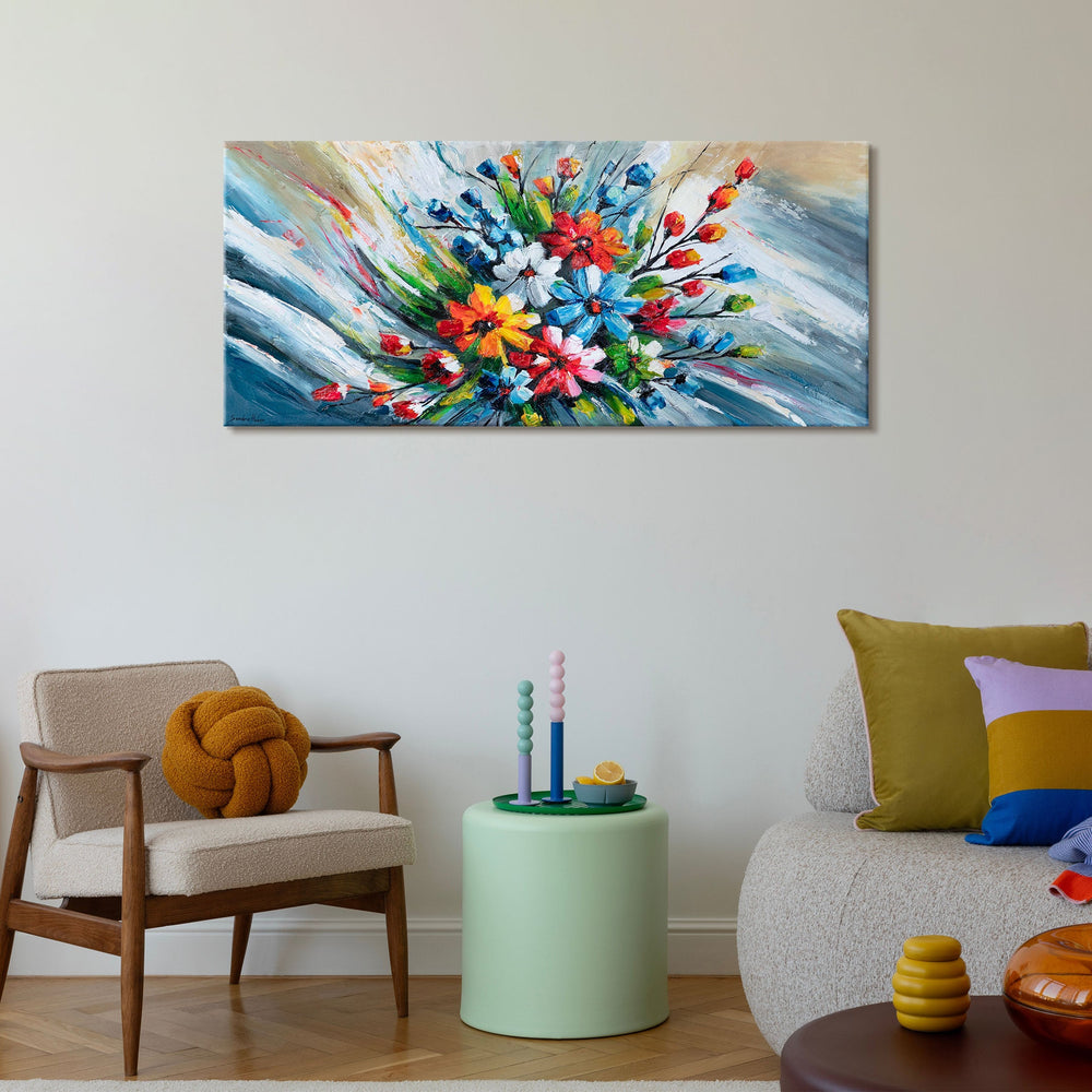 wandbild wohnraum modern, blumenbild interieur deko