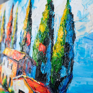 haus mit bäumen acryl, acrylbild landschaft