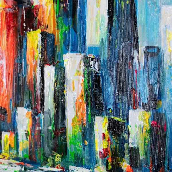 Farbige Acrylmalerei Hochhäuser – abstrakte Stadtbilder modern
