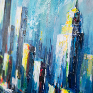 Moderne Acrylmalerei Stadtbild mit Hochhäusern in Blau-Gelb
