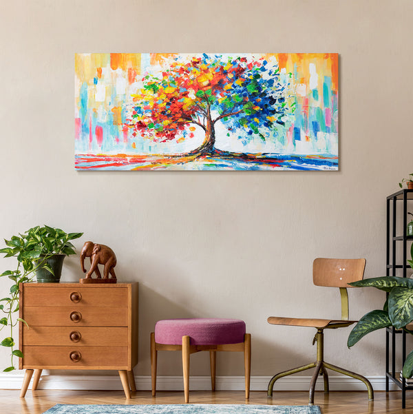 Wohnzimmer Wanddeko mit buntem Acrylbild Baum auf Leinwand