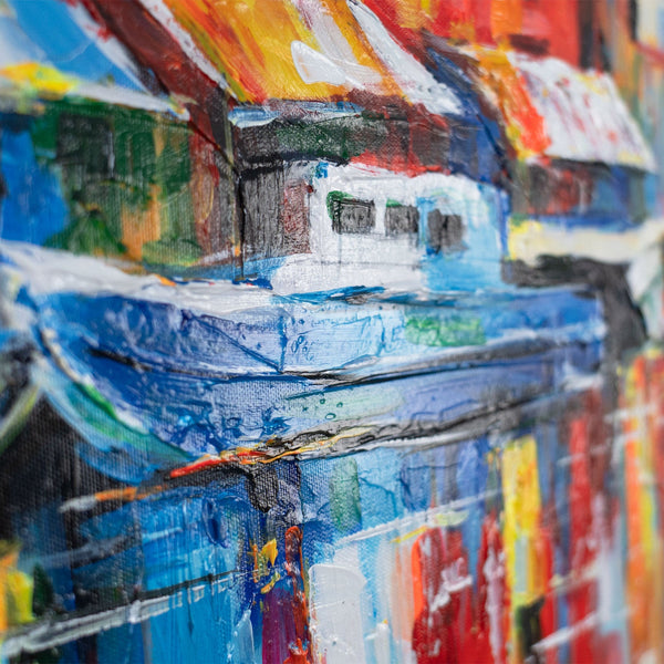 Detailansicht: Acrylbild mit blauer Yacht und bunten Reflexionen