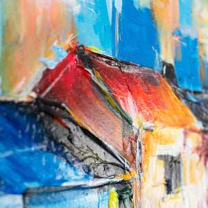 Leinwandbild zeigt abstrakte Hausfassade mit rotem Dach in Acrylfarben