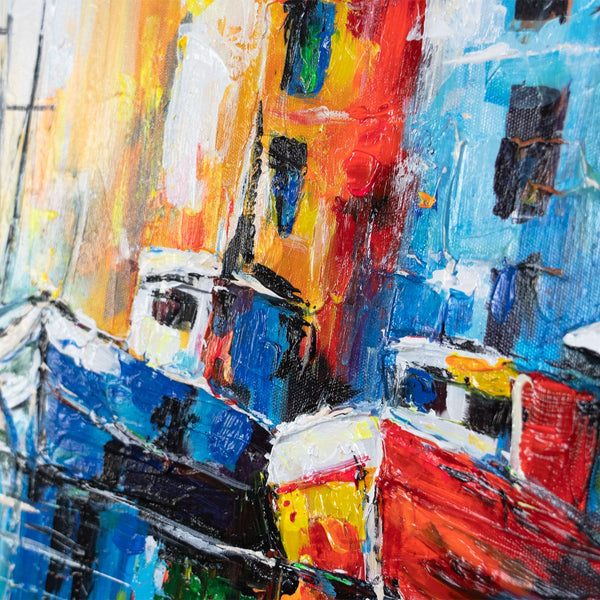 Bunte gebäude mit boot auf leinwand – moderne wandkunst