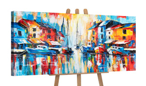 Acrylbild auf staffelei – leinwand kunst mit hafen motiv