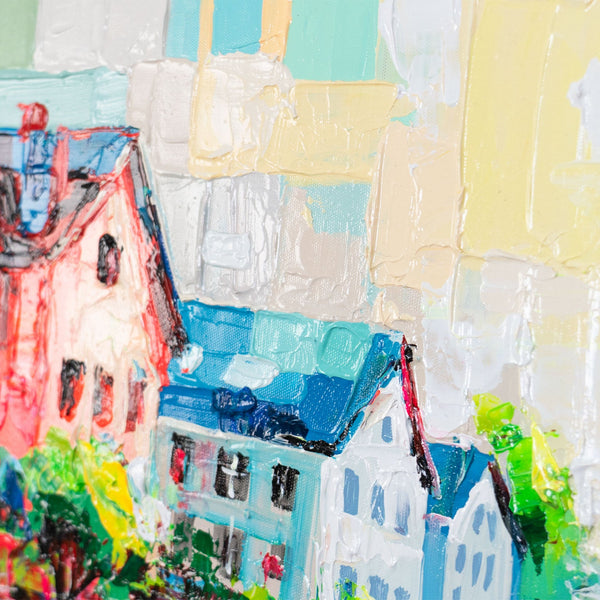 Nahaufnahme Acrylbild mit bunten Hausfassaden, Leinwandstruktur