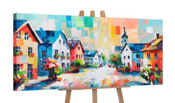 Leinwandbild auf Staffelei mit farbiger Stadtlandschaft aus Acryl