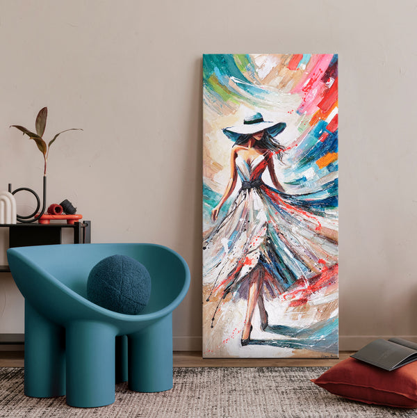 wanddeko mit frauenmotiv, kunst im modernen wohnzimmer