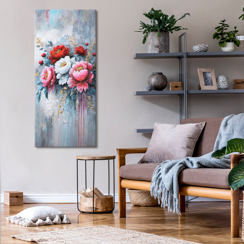 Wohnzimmer mit floraler Wanddeko – Acrylgemälde modern