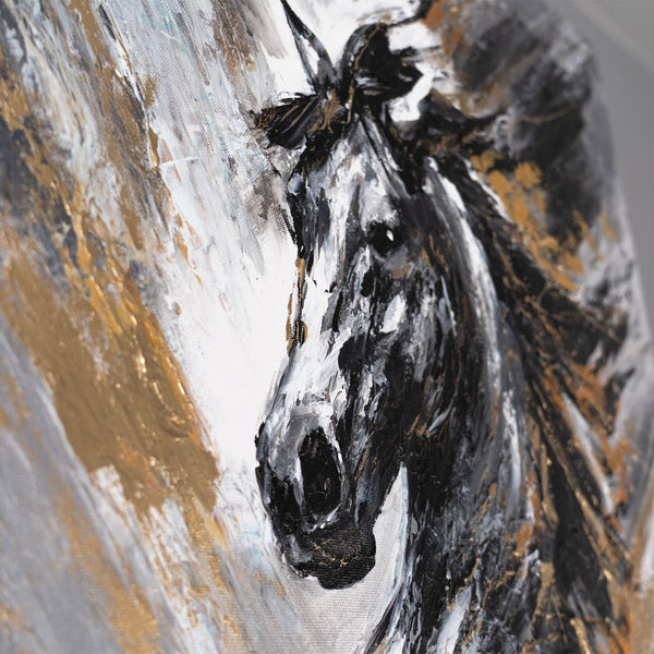 Close-up Pferdekopf Acrylbild mit goldenen Akzenten auf Leinwand