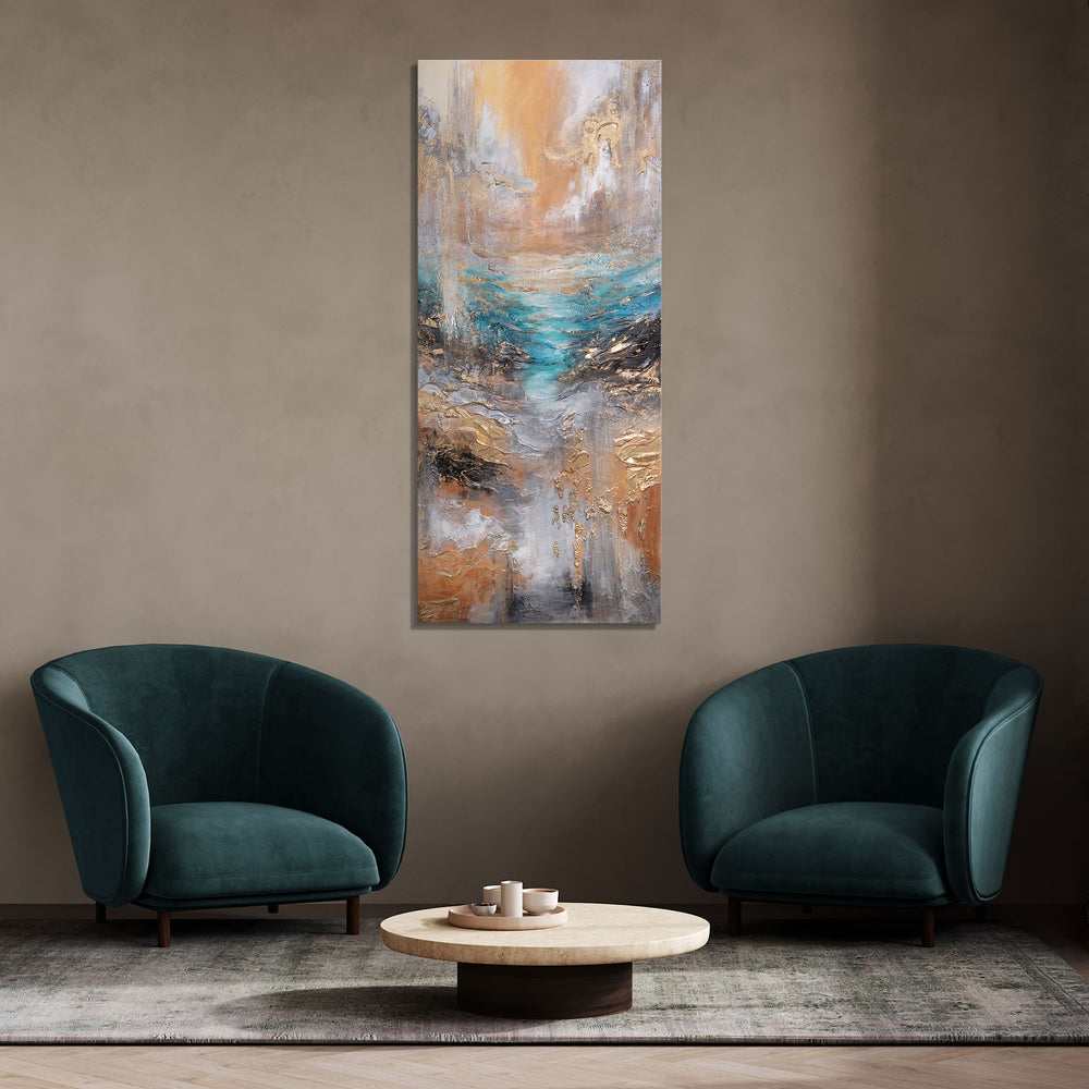 Wandbild im Wohnraum – Acrylbild in Türkis und Naturtönen