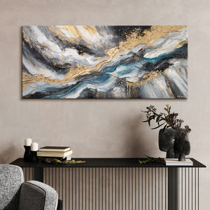 Acrylbild an der Wand – moderne Wanddeko in Gold und Türkis