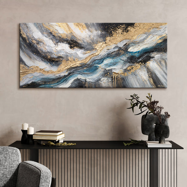 Acrylbild an der Wand – moderne Wanddeko in Gold und Türkis