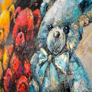 Bunter Teddybär in Türkis – Wanddeko Acrylkunst auf Leinwand