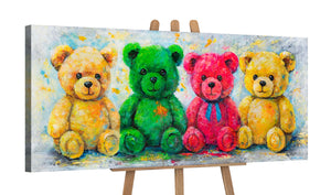 Leinwandbild mit bunten Bären auf Staffelei – Acrylmalerei