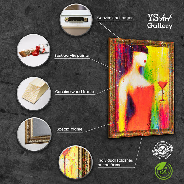 Abstrakte Gemälde Leinwand mit Rahmen Bild abstrakt bunt "Die Frau mit dem Glas"