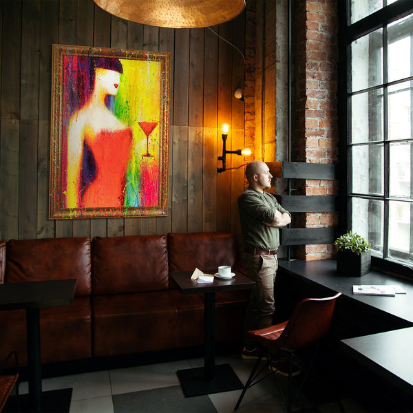 Abstrakte Gemälde Leinwand mit Rahmen Bild abstrakt bunt "Die Frau mit dem Glas"