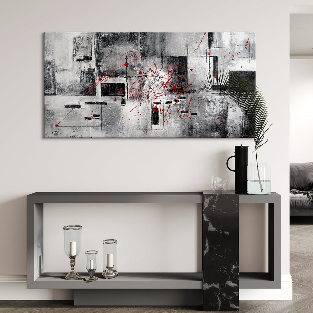 gemälde abstrakt Wohnzimmer mit moderner Wandkunst in Grau und Rot