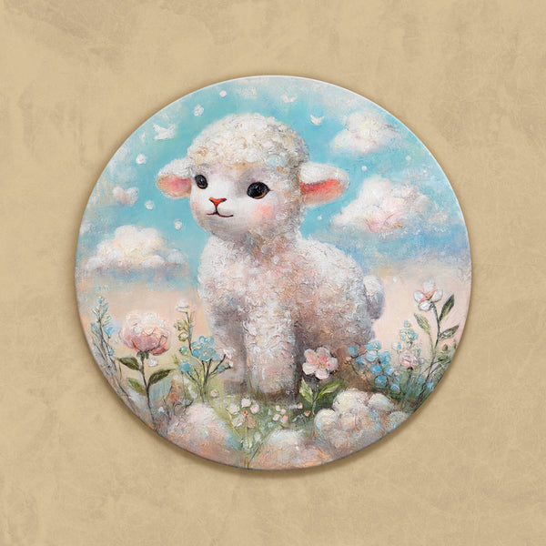 Runde Wandkunst für Kinderzimmer – Leinwandbild mit Lamm "Wolkenwunder" handgemalt