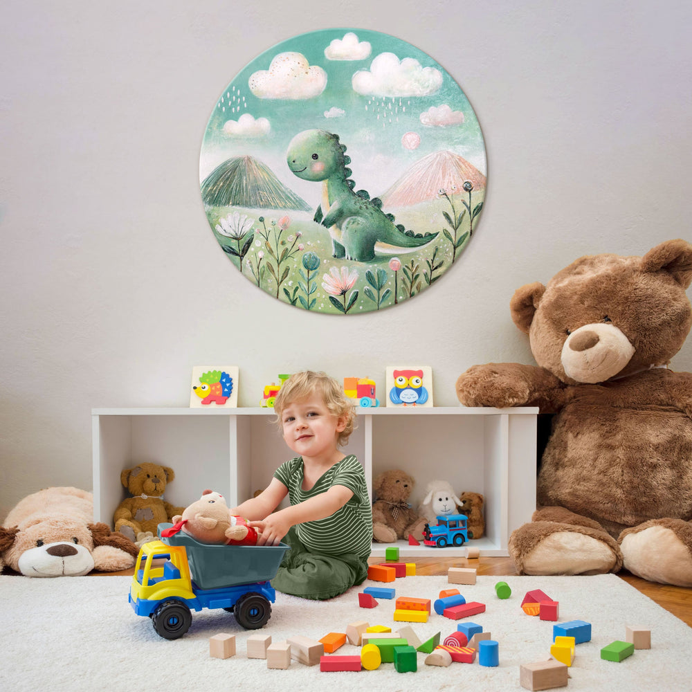 kinderzimmer mit runder wanddeko, dinosaurier acrylbild, tiere auf leinwand, handgemalt, moderne deko kinderzimmer