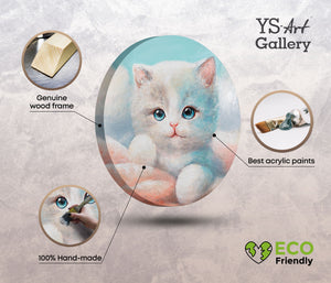eco acrylbild kinderzimmer rund, handgemalte tiermotive, leinwandbild katze, holzrahmen hochwertig