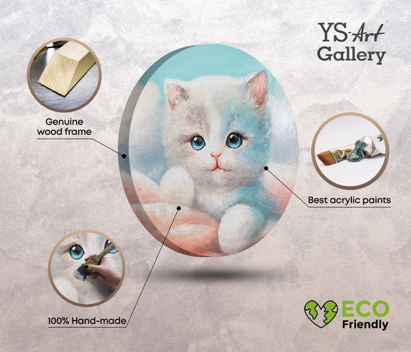 eco acrylbild kinderzimmer rund, handgemalte tiermotive, leinwandbild katze, holzrahmen hochwertig