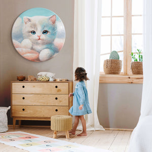 babyzimmer mit katzenbild, rundes tiergemälde acryl, kinder wanddeko leinwand handgemalt