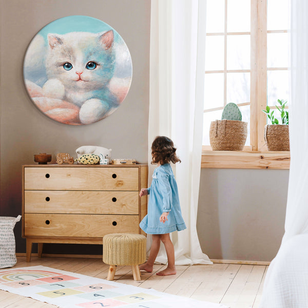 babyzimmer mit katzenbild, rundes tiergemälde acryl, kinder wanddeko leinwand handgemalt