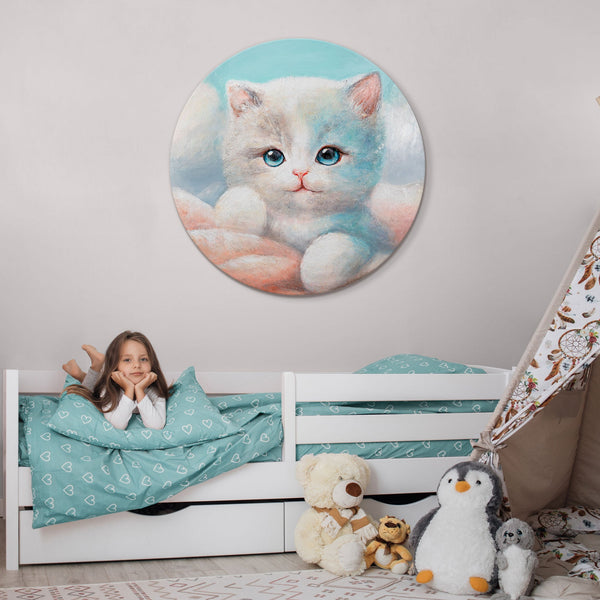 kinderzimmer wanddeko katze, acrylbild tiere rund, handgemalte leinwand, katzenmotiv babyzimmer