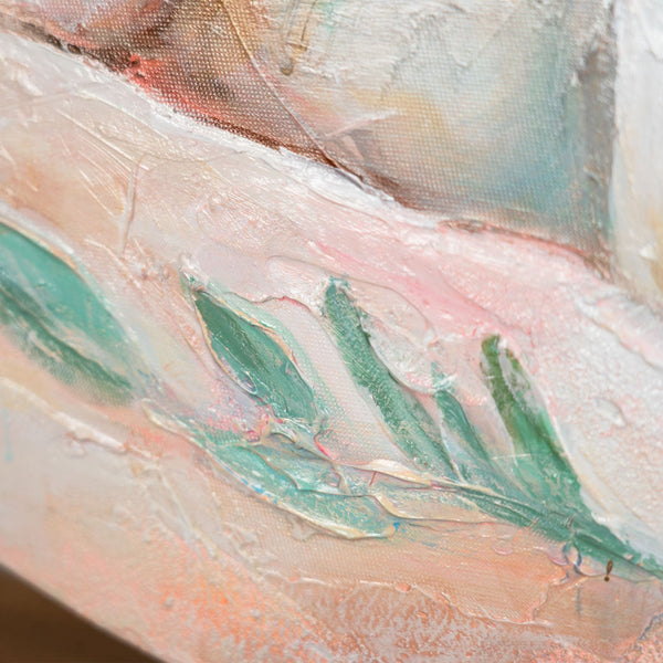 blattmotiv detail, strukturierte acrylmalerei, kinderzimmer wanddeko, rundes tierbild hase auf leinwand