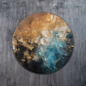 struktur wandbild rund, acryl kunst gold blau