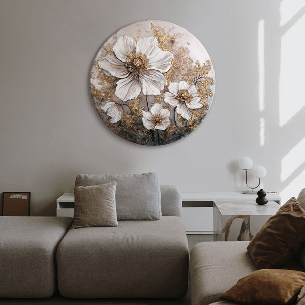  moderne wandkunst blumen, runde leinwand mit gold