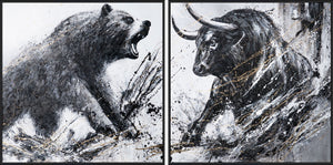 Abstrakte Acrylmalerei Bulle und Bär Schwarz Gold Bilder