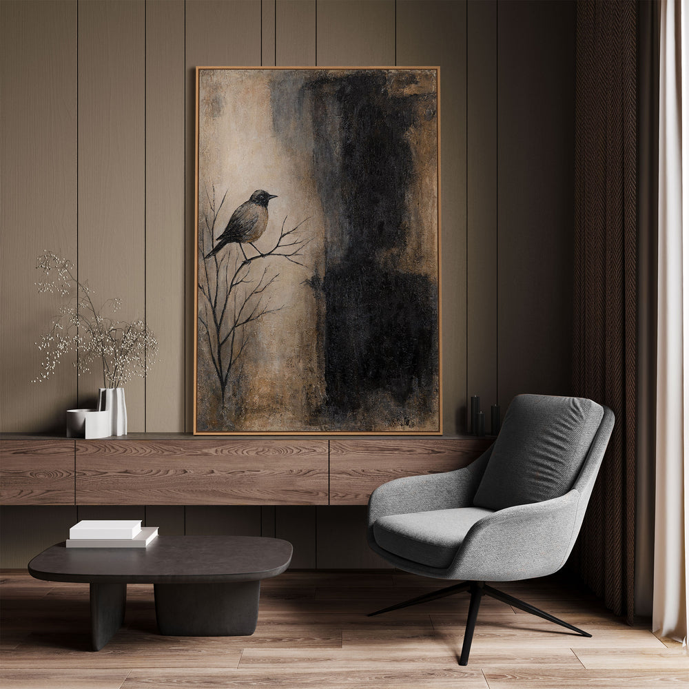 Abstrakte Vogel Wandkunst beige schwarz modern