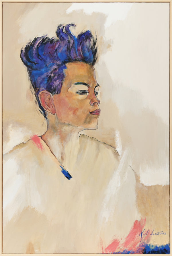 Abstraktes Porträt Blau Beige Acrylbild Figurative Wandkunst