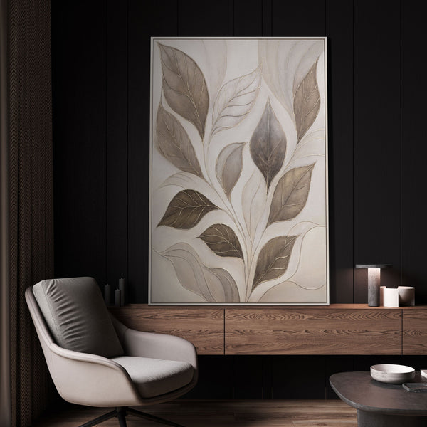Handgemalte Wandkunst Blattmotiv beige grau