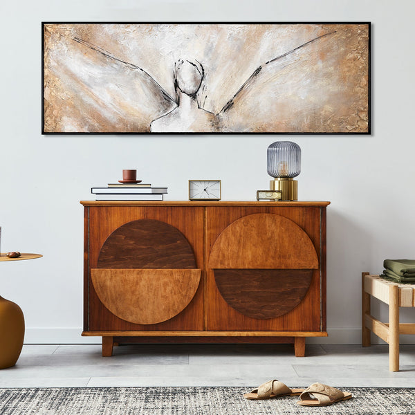 Handgemaltes Acrylbild Engel Gold Beige im Wohnzimmer